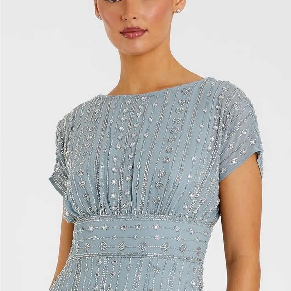 Beaded Cap Sleeve Column Midi Dress Mac Duggal blue silver